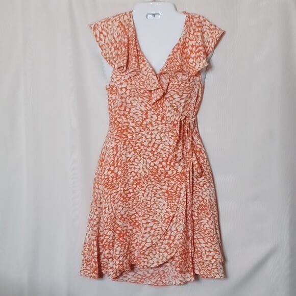 FREE PEOPLE French Quarter Orange Ruffle Print Mini Wrap Dress. Size XS. - Picture 5 of 15